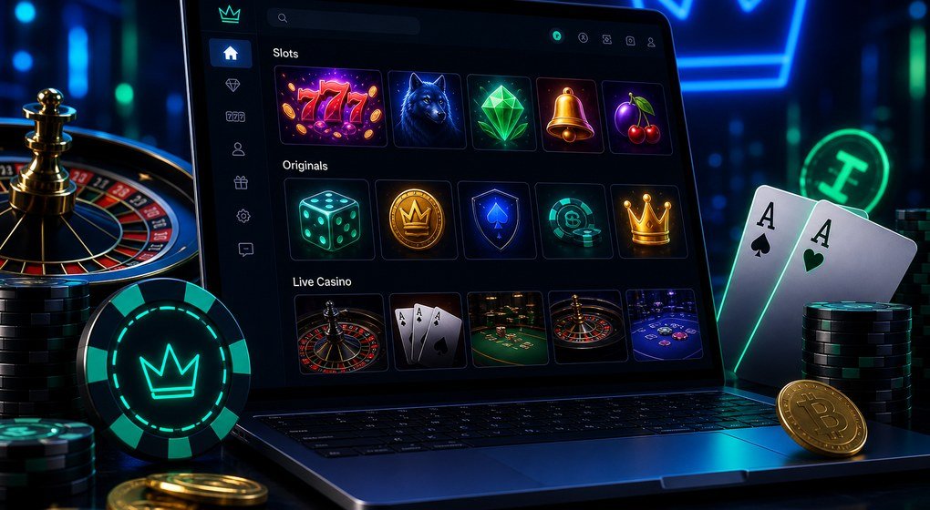 Rainbet casino lobby on a laptop with chips, cards and roulette