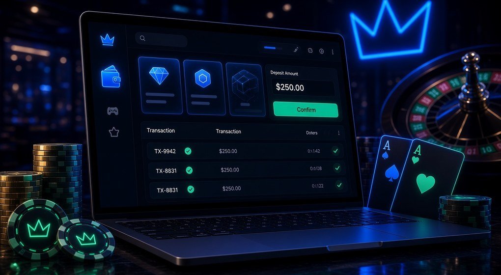Rainbet deposit cashier on a laptop with crypto coins and chips
