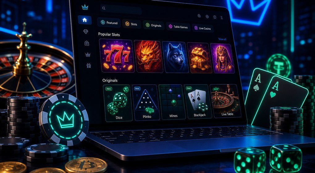 Rainbet games catalog on a laptop with slots, Originals and table games