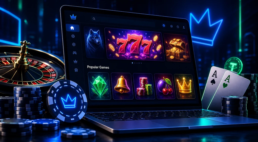 Rainbet casino lobby with neon games, chips and cards