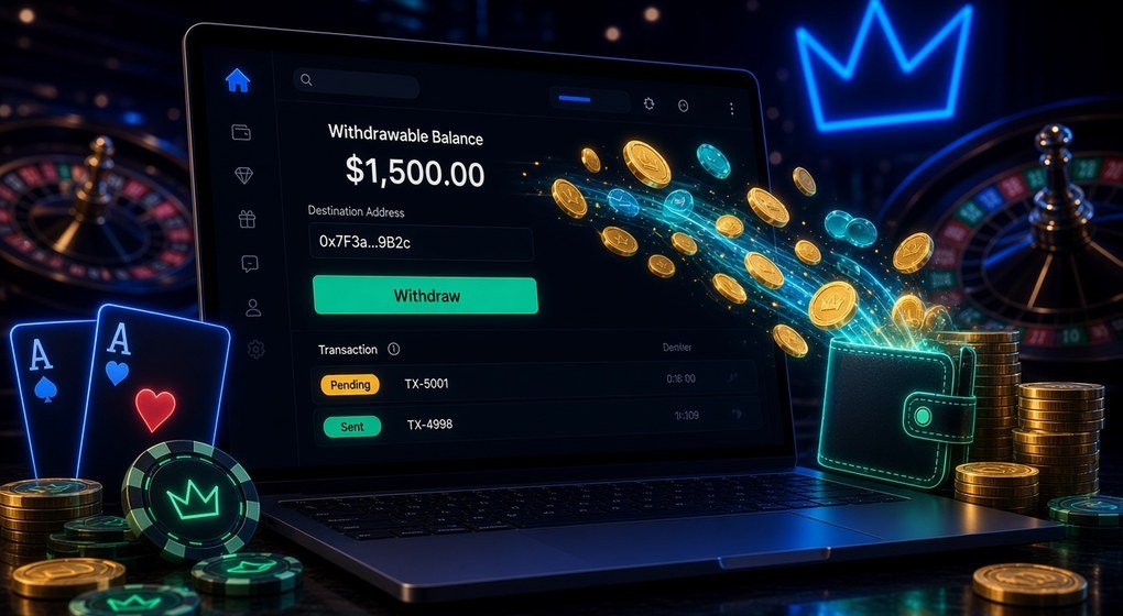 Rainbet withdrawal cashier on a laptop with outgoing crypto and chips