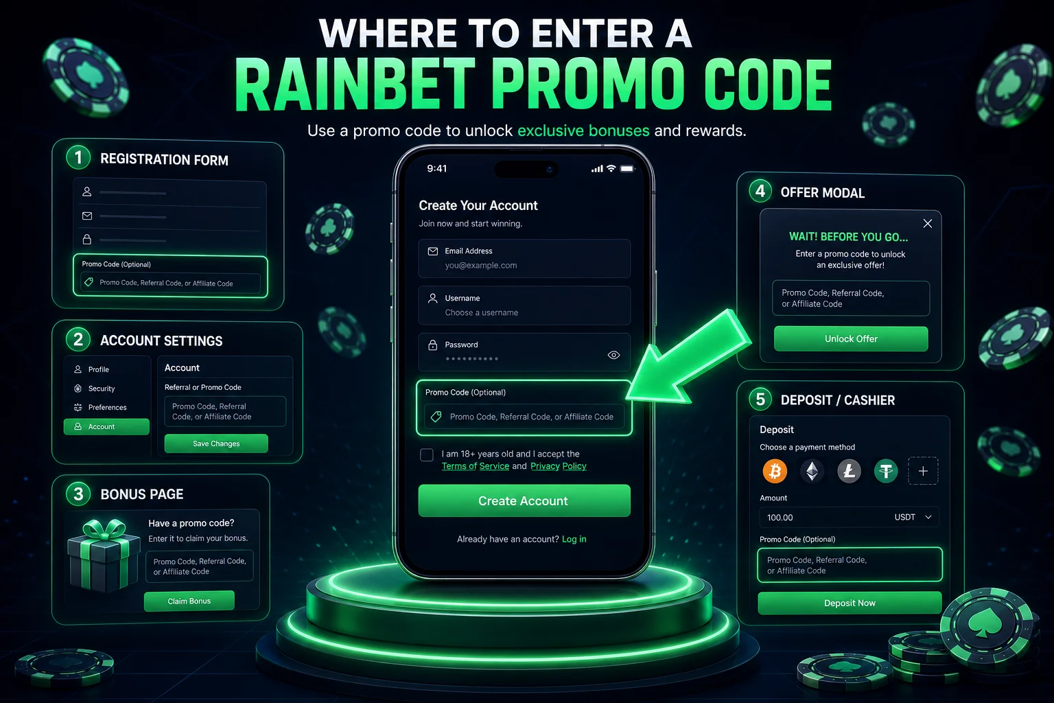 Where to enter a Rainbet promo code on mobile - highlighted input field
